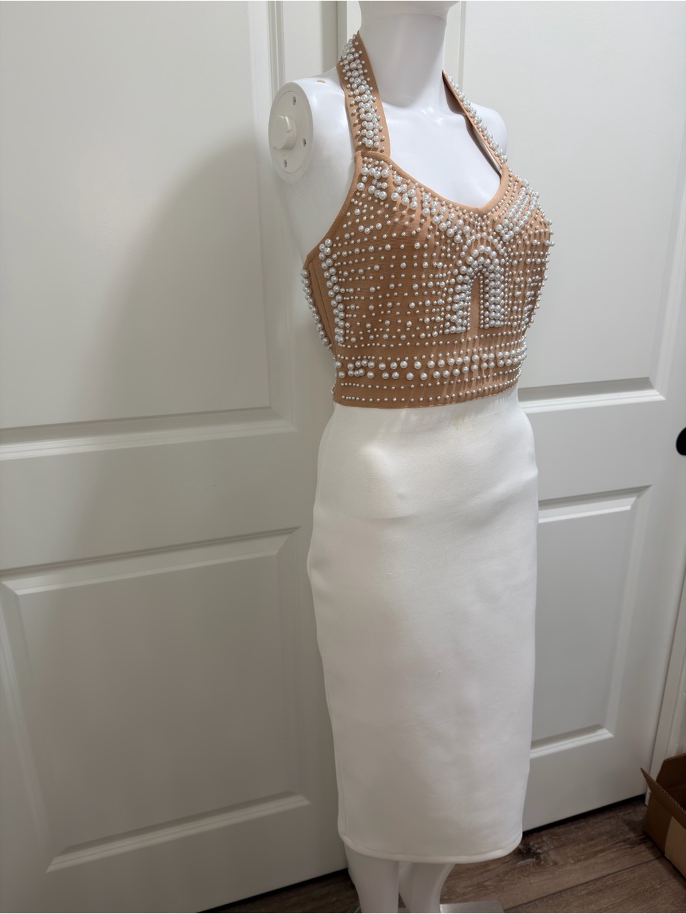 Pearl-Embellished Nude Crop Top with White Pencil Skirt
